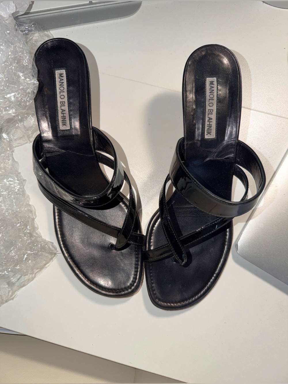 Manolo Blahnik Black Patent Leather Strappy Sandals